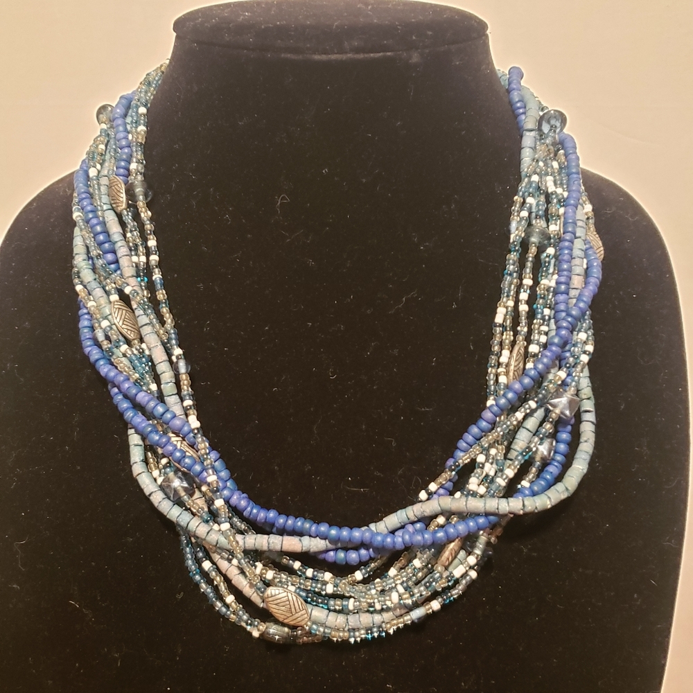 Blue seed and silver tone layered necklace